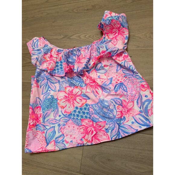 Lilly Pulitzer Zeldie One-Shoulder Ruffle Top Womens XL X-Large Off-The-Shoulder - Picture 2 of 4
